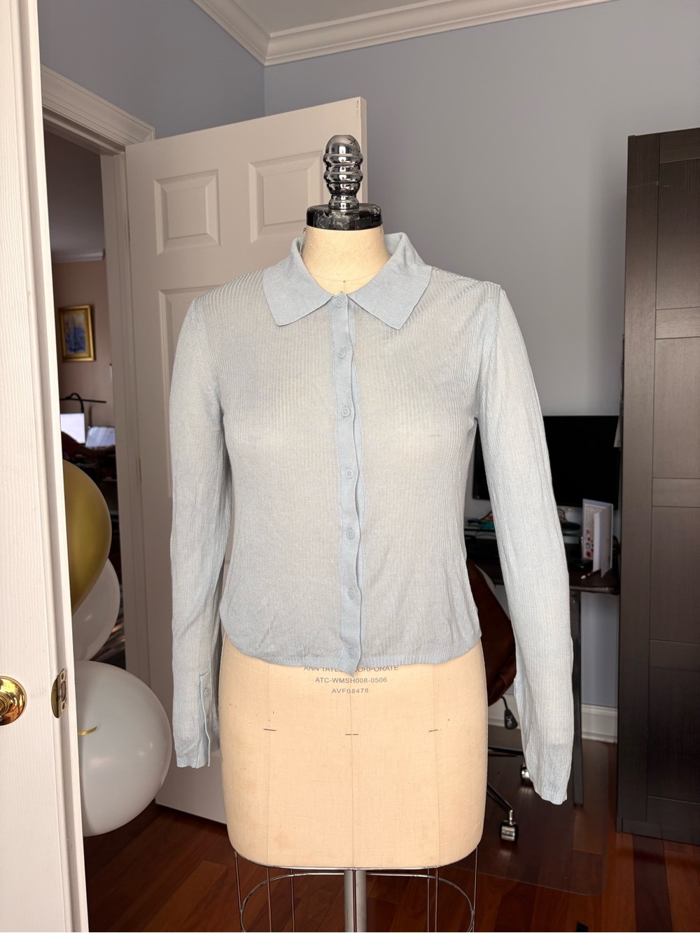 LOFT Light Blue Sheer Ribbed Knit Button-Up Cardigan